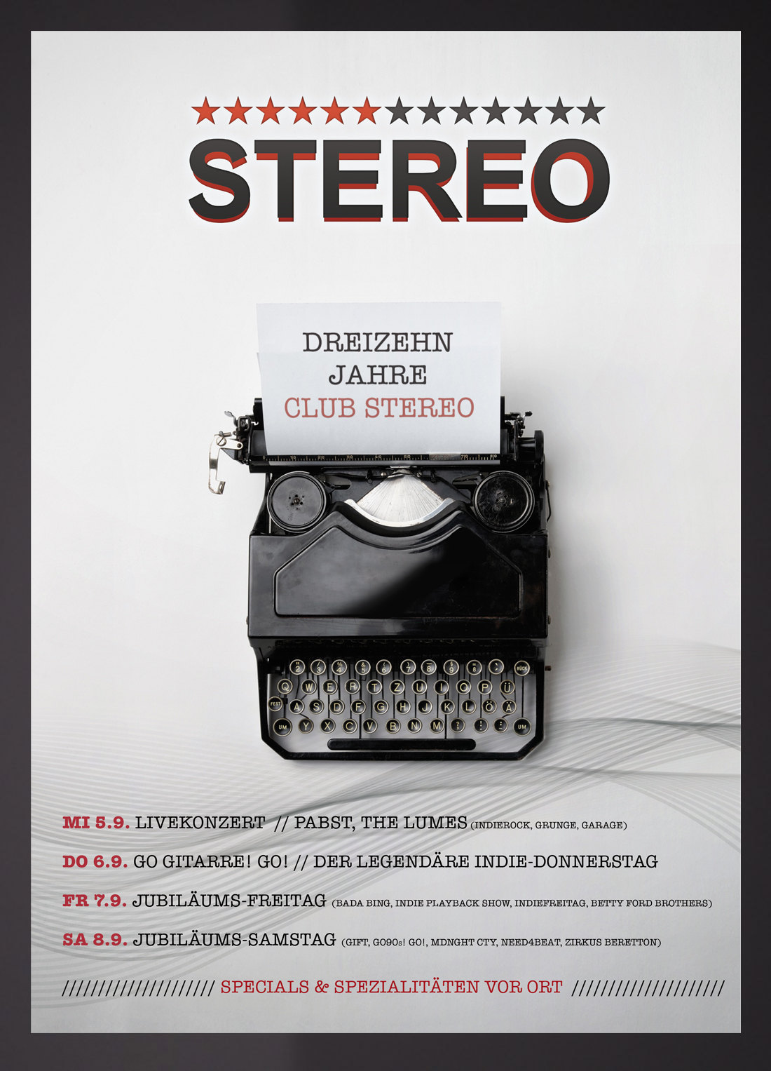Veranstaltungsplakat „Dreizehn Jahre Club Stereo“ mit Schreibmaschinenmotiv
