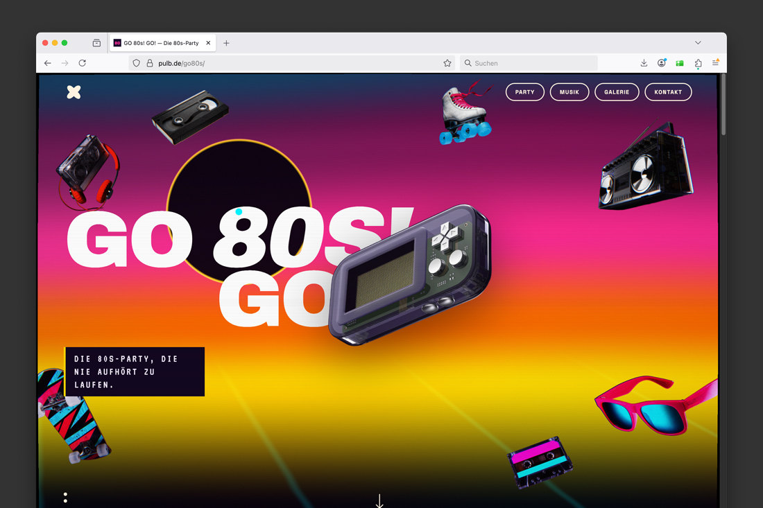 Landingpage der 80er-Jahre-Party „GO 80s! GO“ mit Farbverlauf und Retro-Objekten