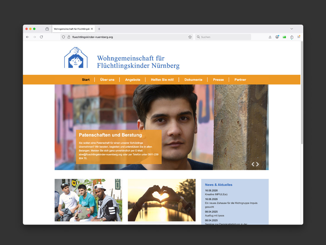 Website der Wohngemeinschaft für Flüchtlingskinder Nürnberg