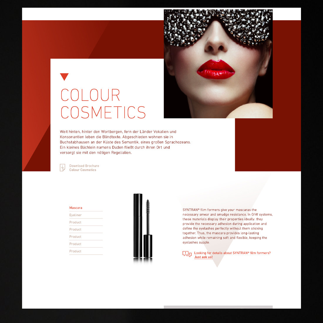 Editorial-Doppelseite „Colour Cosmetics“ mit Beauty-Aufnahme