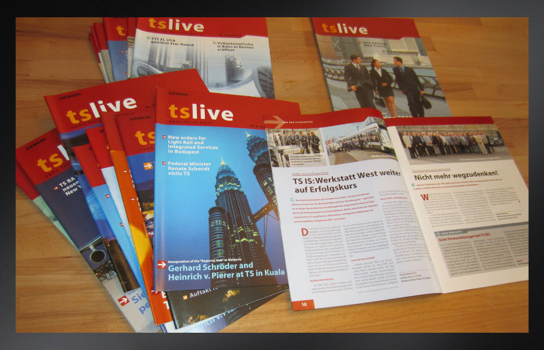 Mehrere Ausgaben des Mitarbeitermagazins „tslive“ gefächert