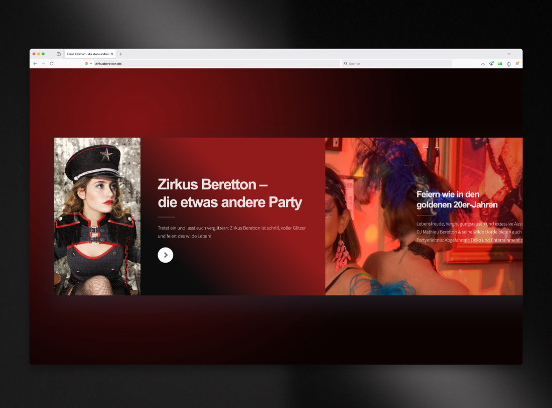 Website „Zirkus Beretton“ mit Bühnenfotografie